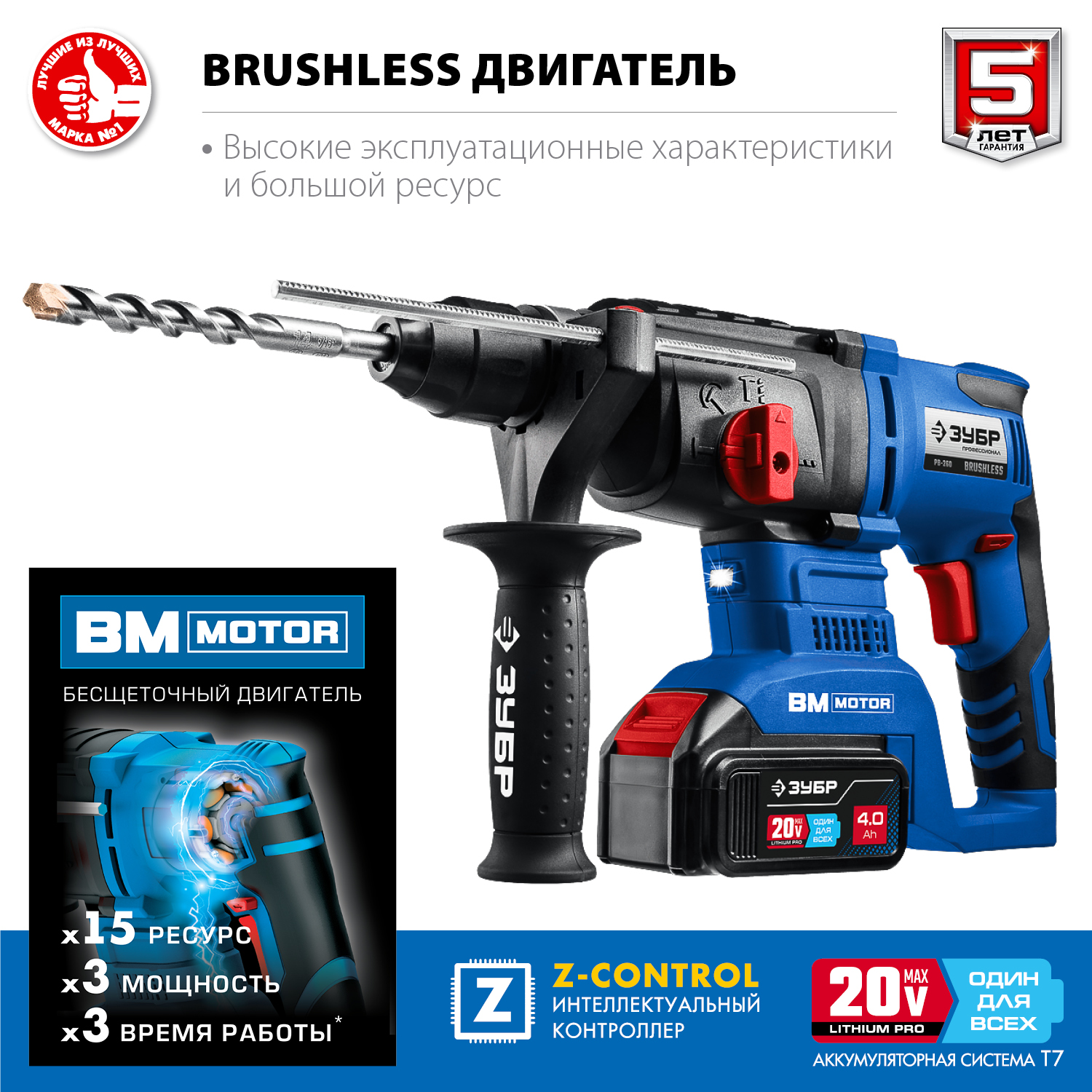 Бесщеточный перфоратор, 2 АКБ (4 Ач), в кейсе PB-260-42